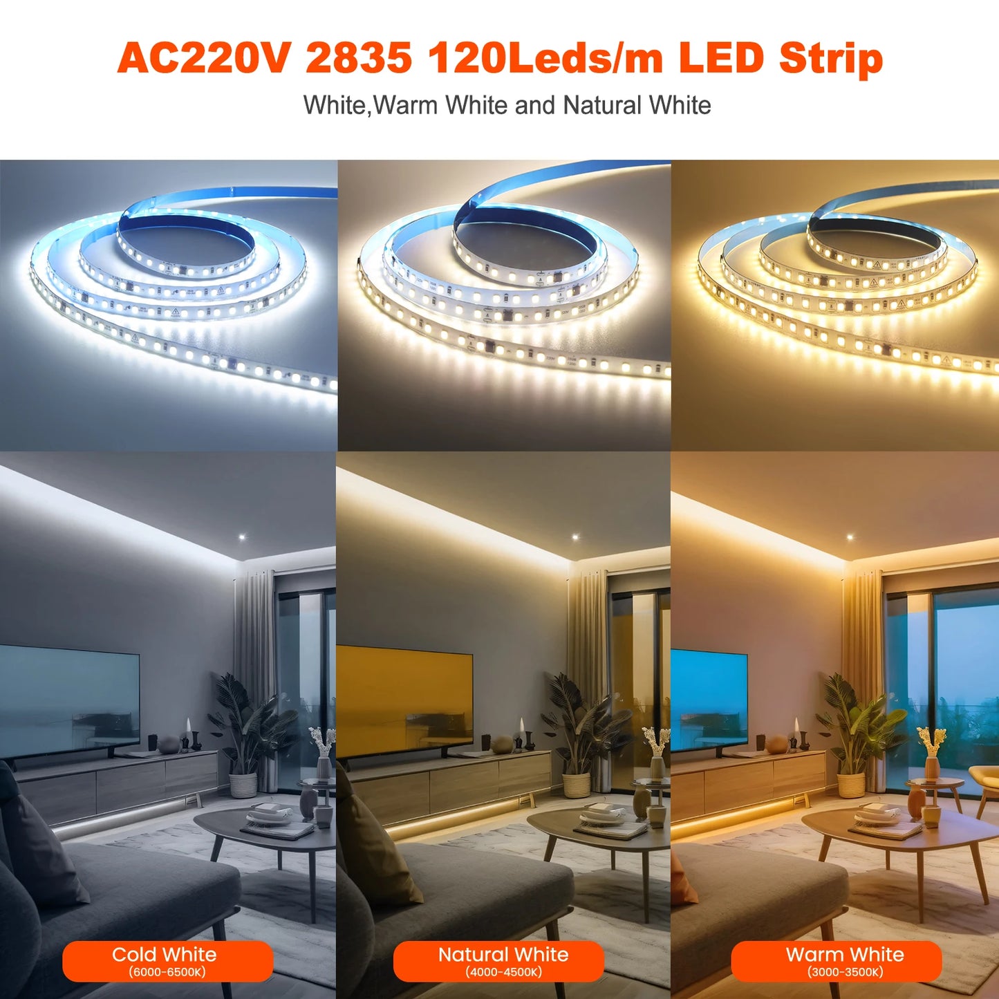 10M 20M 50M 220V LED Strip Light No Need Driver for Home 2835 120LEDs/M High Bright Flexible Light IP44 Waterproof Adhesive Tape