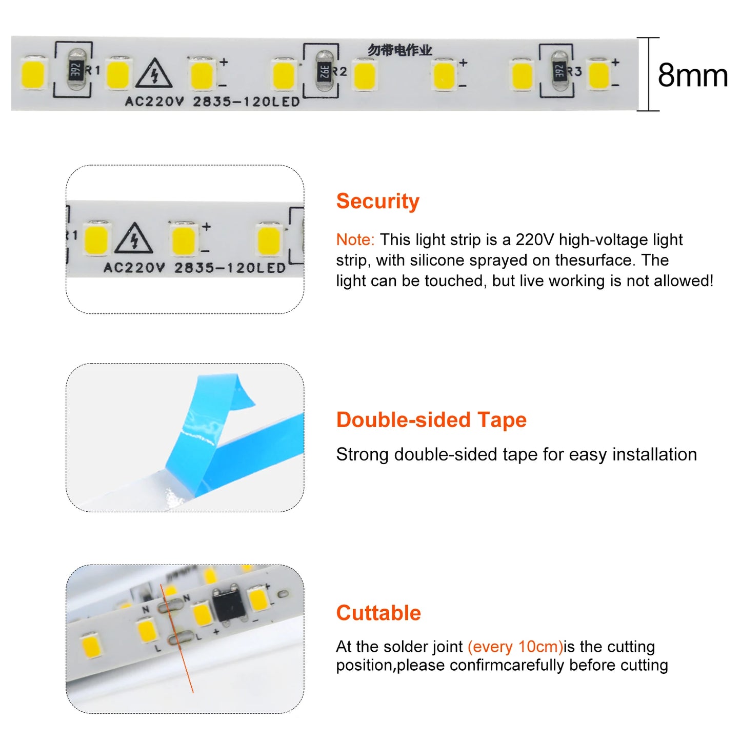 10M 20M 50M 220V LED Strip Light No Need Driver for Home 2835 120LEDs/M High Bright Flexible Light IP44 Waterproof Adhesive Tape