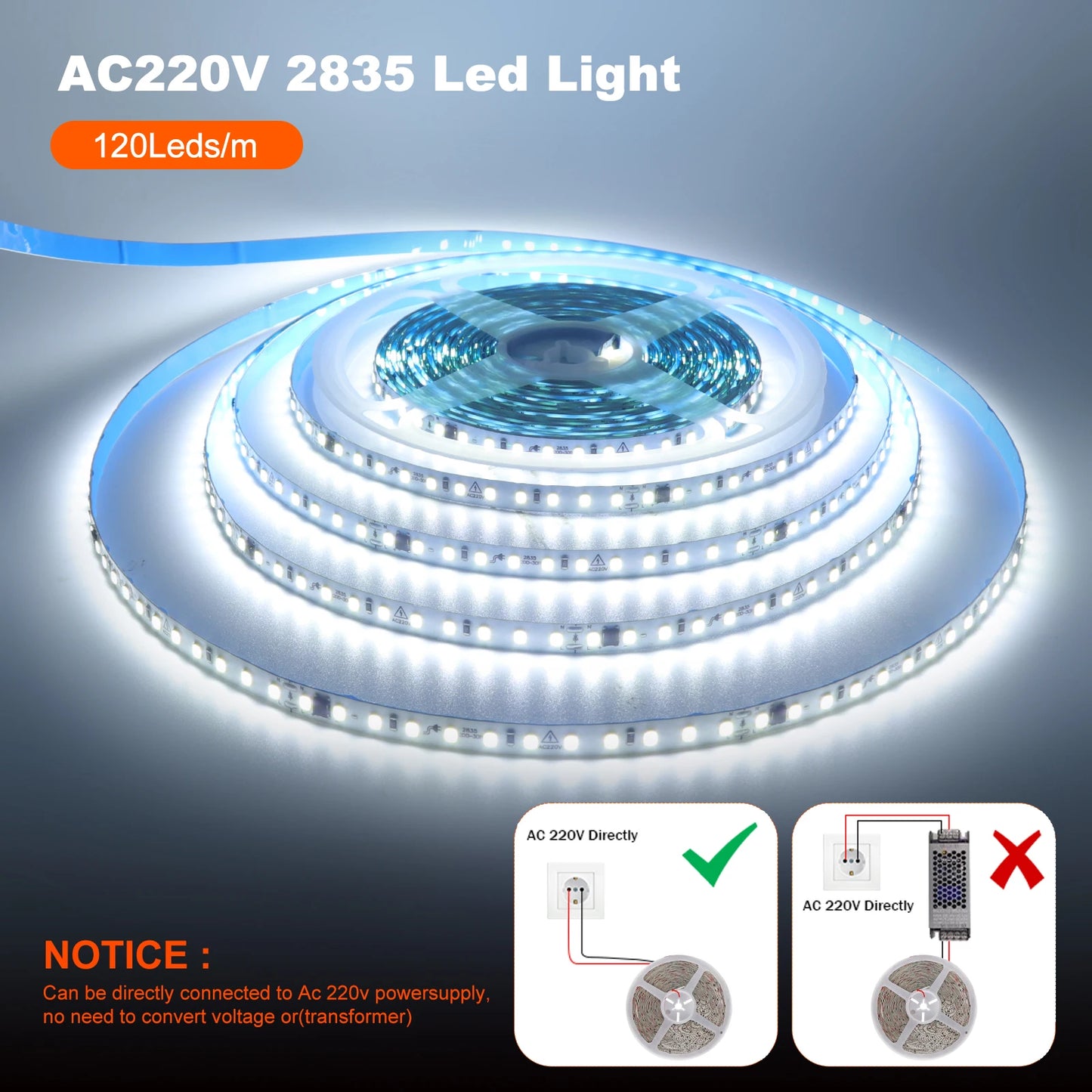 10M 20M 50M 220V LED Strip Light No Need Driver for Home 2835 120LEDs/M High Bright Flexible Light IP44 Waterproof Adhesive Tape