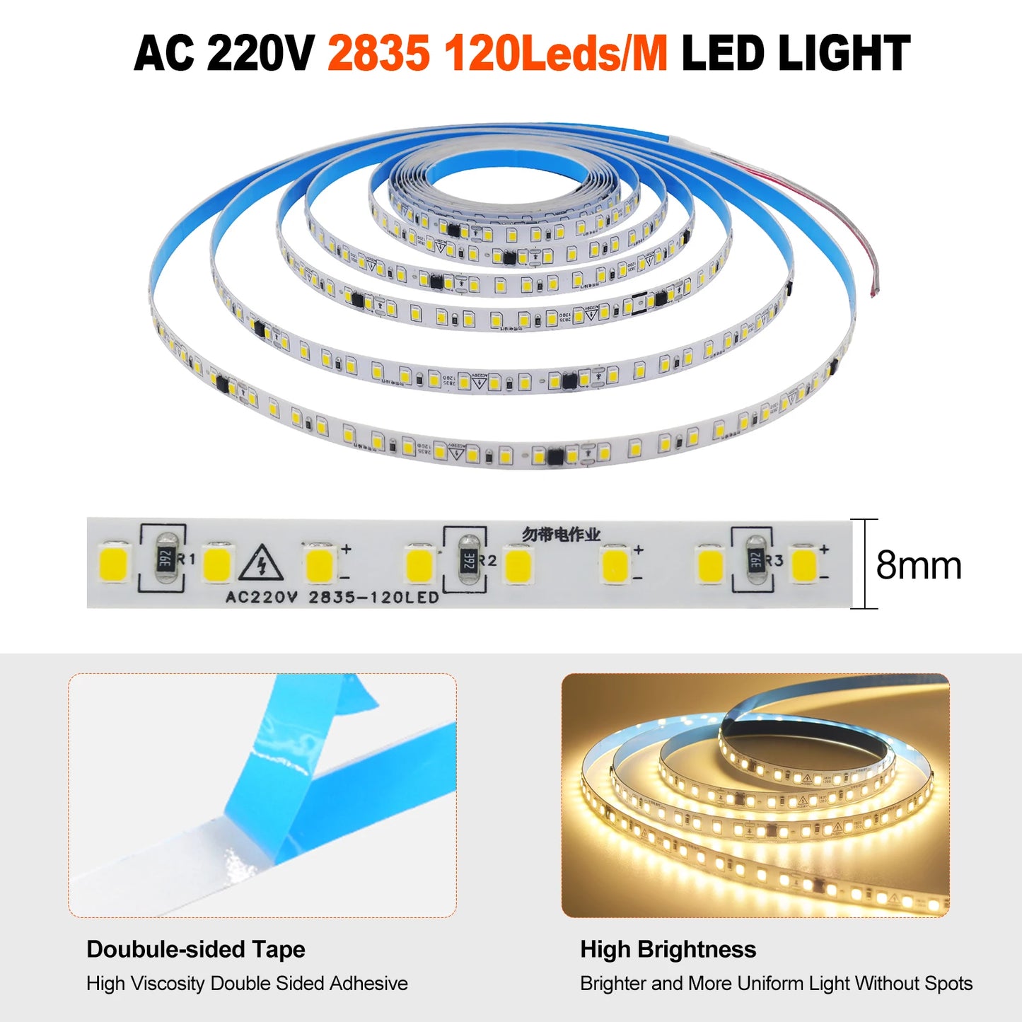 10M 20M 50M 220V LED Strip Light No Need Driver for Home 2835 120LEDs/M High Bright Flexible Light IP44 Waterproof Adhesive Tape