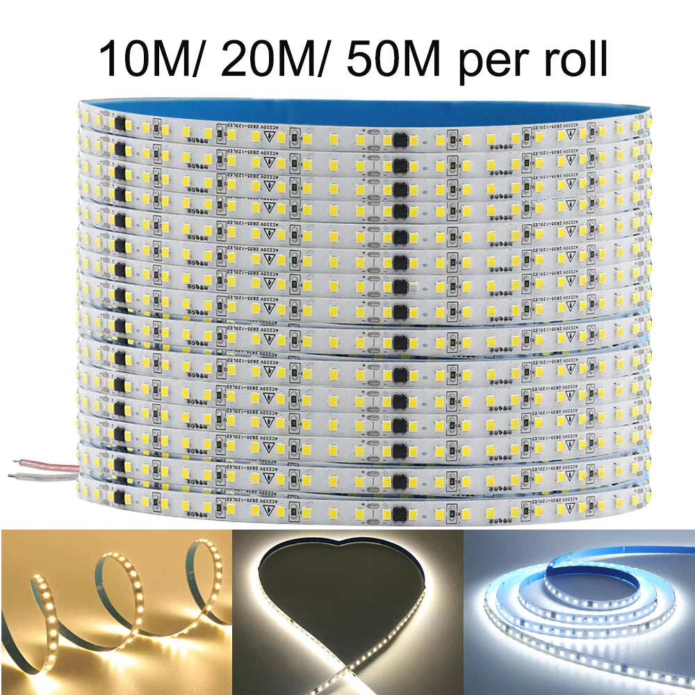 10M 20M 50M 220V LED Strip Light No Need Driver for Home 2835 120LEDs/M High Bright Flexible Light IP44 Waterproof Adhesive Tape