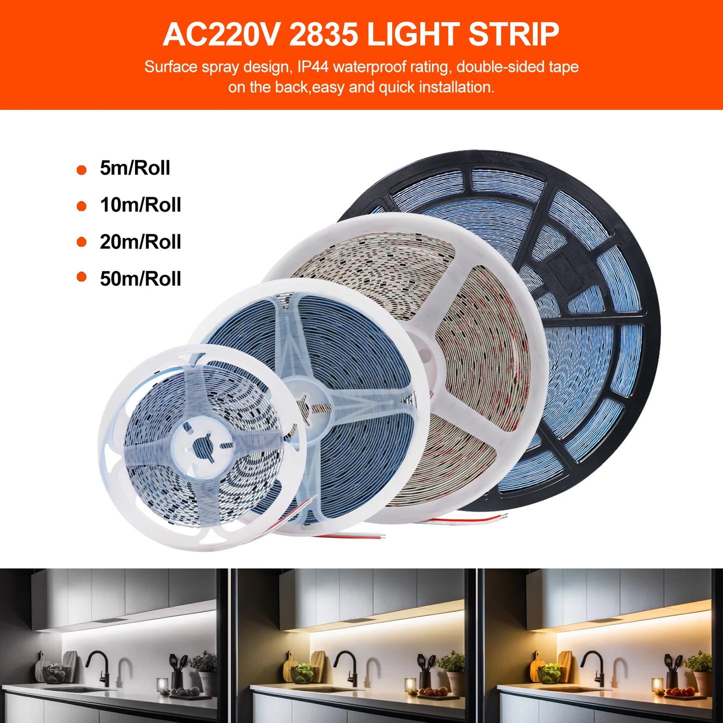 10M 20M 50M 220V LED Strip Light No Need Driver for Home 2835 120LEDs/M High Bright Flexible Light IP44 Waterproof Adhesive Tape