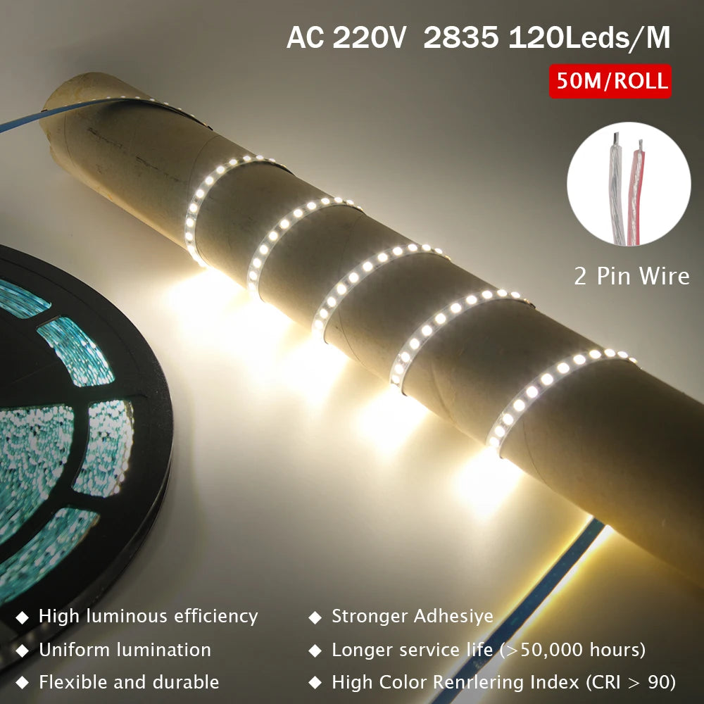 10M 20M 50M 220V LED Strip Light No Need Driver for Home 2835 120LEDs/M High Bright Flexible Light IP44 Waterproof Adhesive Tape