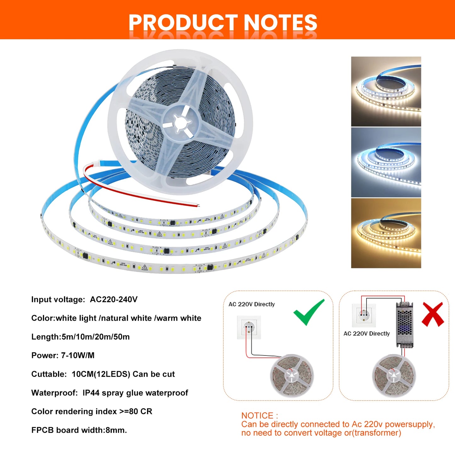 10M 20M 50M 220V LED Strip Light No Need Driver for Home 2835 120LEDs/M High Bright Flexible Light IP44 Waterproof Adhesive Tape
