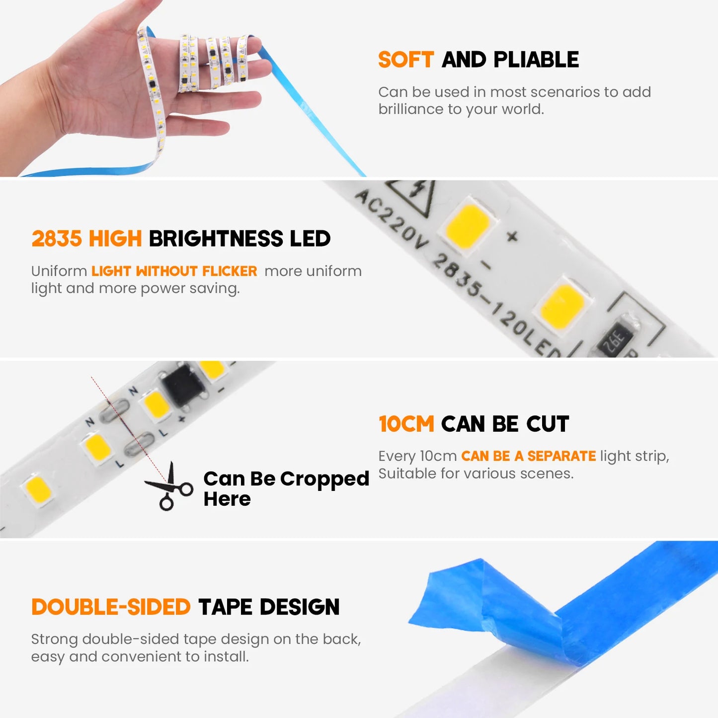 10M 20M 50M 220V LED Strip Light No Need Driver for Home 2835 120LEDs/M High Bright Flexible Light IP44 Waterproof Adhesive Tape